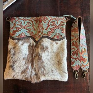 Patterned Shoulder Bag with Cowhide Accents